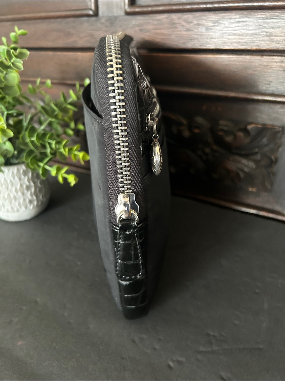 Men's Black Croc-Trim Laptop Sleeve with Front Zip Pocket - Picture 4 of 9